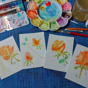 conjunto de 4 pinturas originais em aquarela do tamanho de um cartão postal, rosas, para emoldurar, 4x6 polegadas cada