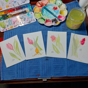 Collection de tulipes, format carte postale, 6 x 4 pouces chacune, lot de 4, aquarelles originales, sans cadre