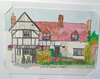Tarjeta original de una casa de campo Tudor, pintada a mano con acuarela, 5x7 pulgadas, con sobre.