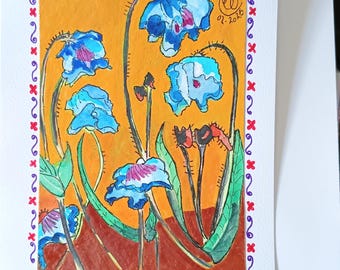Tarjeta de felicitación en blanco, acuarela original, "Amapolas azules del Himalaya", 127 x 178 mm (5 x 7 pulgadas) con sobre.