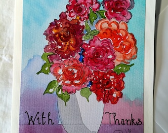 Tarjeta de agradecimiento, jarra de rosas, 6 x 8 pulgadas, acuarela original