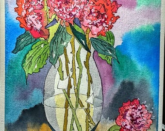 Acuarela original, Jarrón de peonías, A4 30 x 21 cm, pintura, no impresión.