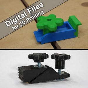 Peut inclure: Un serre-joint bleu et vert imprimé en 3D avec un bouton en forme d'étoile et le texte 0.75 in, et un serre-joint noir avec deux boutons en forme d'étoile et des vis métalliques. Le texte Digital Files for 3D Printing est visible en haut.