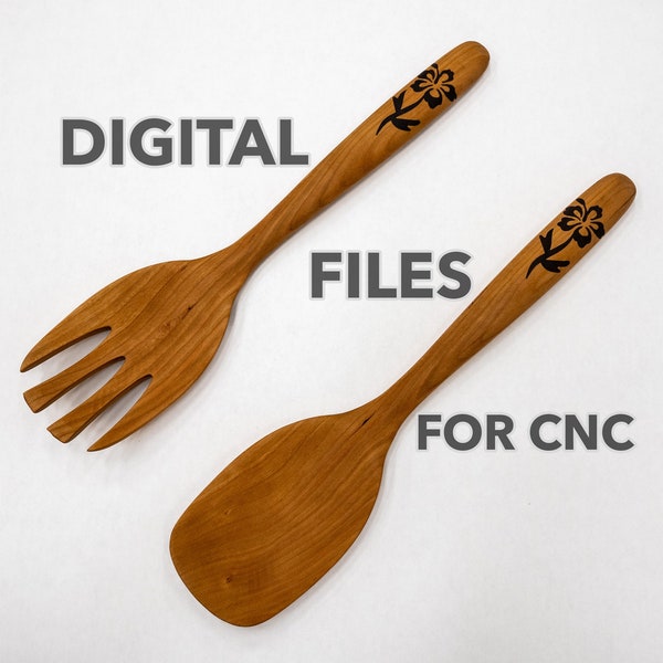 Salad Set - Fork and Spoon - CNC Plans - Vectric VCarve file, PDF Directions, and STL Model - Wood Hibiscus or Rose Inlay
