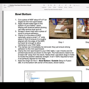 May include: A step-by-step guide on how to create a bowl bottom using a CNC machine. The guide includes images of the process, including clamping the wood to the table, using t-tracks and hold downs, and setting the origin point for the CNC machine.