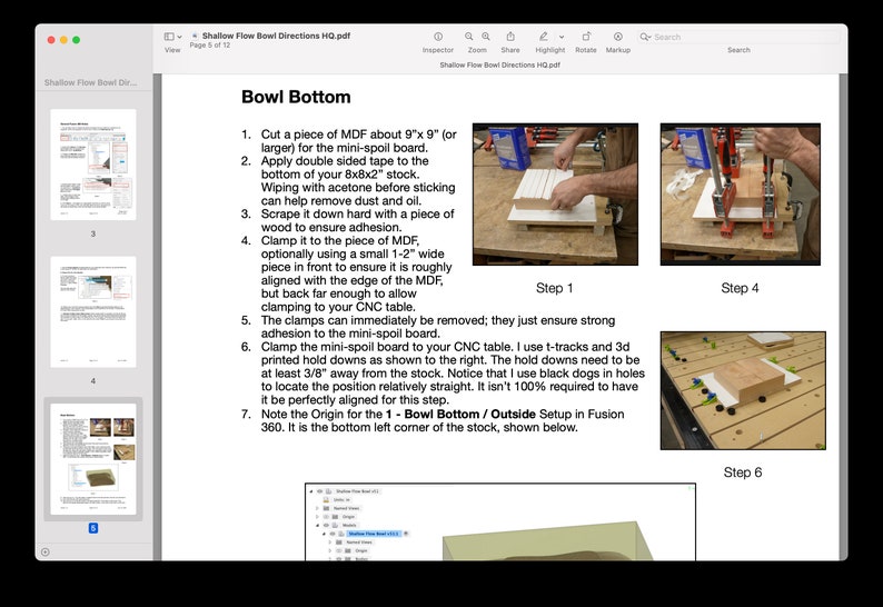 May include: A step-by-step guide on how to create a bowl bottom using a CNC machine. The guide includes images of the process, including clamping the wood to the table, using t-tracks and hold downs, and setting the origin point for the CNC machine.