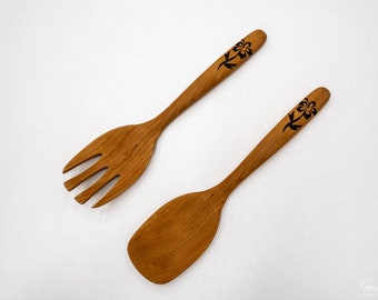 Salad Utensil Set - Wood Spoon and Wood Fork - Hibiscus Flower Inlay - Cherry Wood with Walnut Wood Inlay