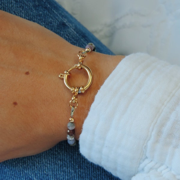 Bracelet en pierre semi précieuse Jaspe imitation calcédoine avec fermoir bouée en acier inoxydable pour femme | Bijoux lithothérapie