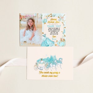 Cartão de agradecimento com foto da Cinderela EDITÁVEL, cartão de nota de aniversário de princesa azul, cartão de agradecimento imprimível para aniversário de menina, 041-M