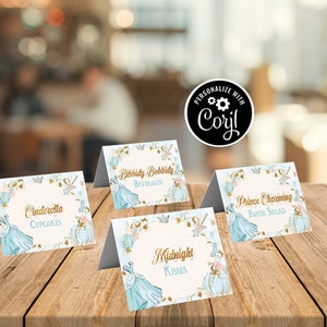 Tarjetas de tienda de buffet de Cenicienta EDITABLE, tarjeta de comida imprimible de princesa azul, etiquetas de buffet, baby shower, despedida de soltera, cumpleaños, 041-M