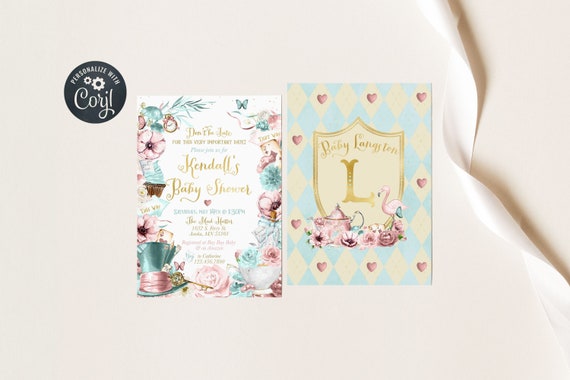 Pink & Blue Alice in Wonderland Baby Shower Invitation from £0.80 each