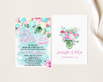 Bridal Shower Pool Party Invitation, Couples Shower Pool Party Invite, Summer Shower, Flamingo Tropical Shower, Digital/Printed, 046-M