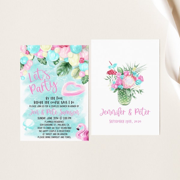 Bridal Shower Pool Party Invitation, Couples Shower Pool Party Invite, Summer Shower, Flamingo Tropical Shower, Digital/Printed, 046-M