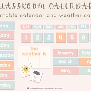 2025 Classroom Calendar Display and Weather Chart, Pastel Classroom decor, Digital printable