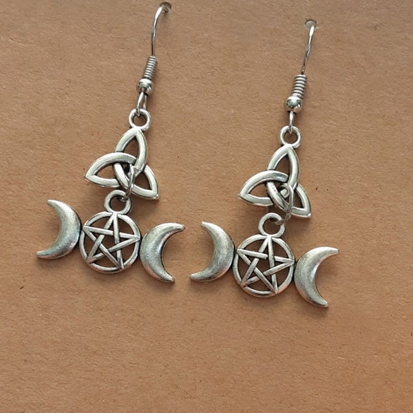 The Morrigan earrings Triquetra and Triple Moon Goddess Pagan Goddess Celtic Jewelry for Witches