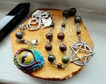Dragonic prayer beads with Dragon Eye, Pagan Altar tool for Worship, Witch ladder pentacle