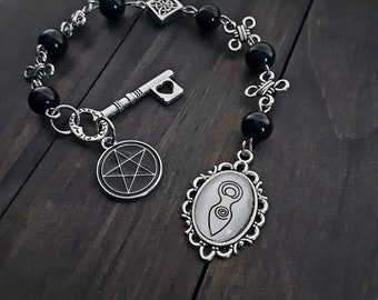 Pagan Prayer beads for Hekate key and pentacle Witch's Ladder with Obsidian