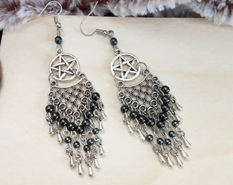 Witch earrings Hematite beaded, Pentacle earrings Chandelier style, Maximalist Witchy earrings