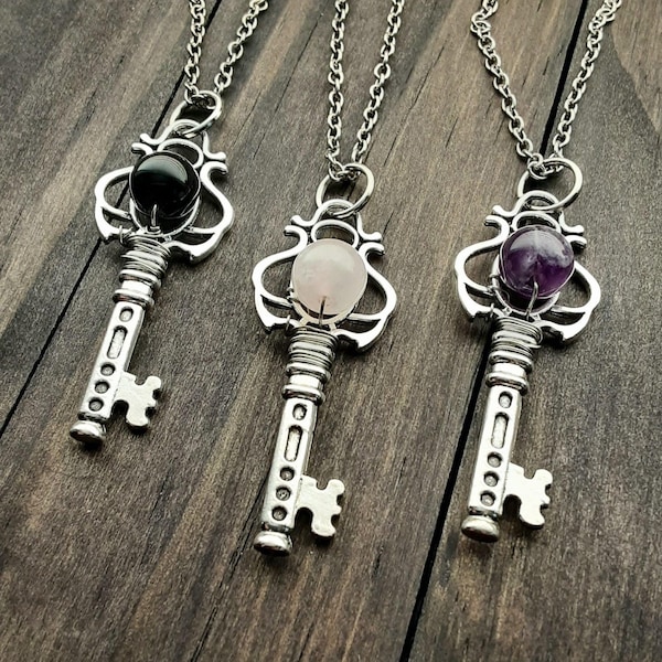 Gemstone key necklace, Obsidian, Amethyst or Rose Quartz, Witchy vibes jewelry, Gift idea, Rhodium Plated, Dark Academia, Fairy core