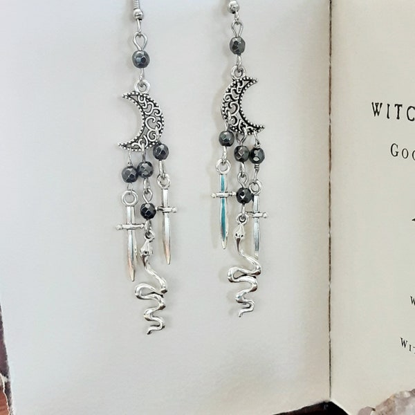 Long witchy earrings with snakes daggers moons and Hematite, Gift for Witch