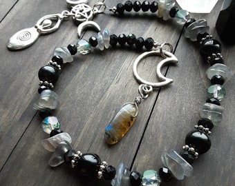 Hekate Prayer Beads, Witch's Ladder with Obsidian for Protection and Labradorite for Enhanced Communication, Hellenistic Goddess