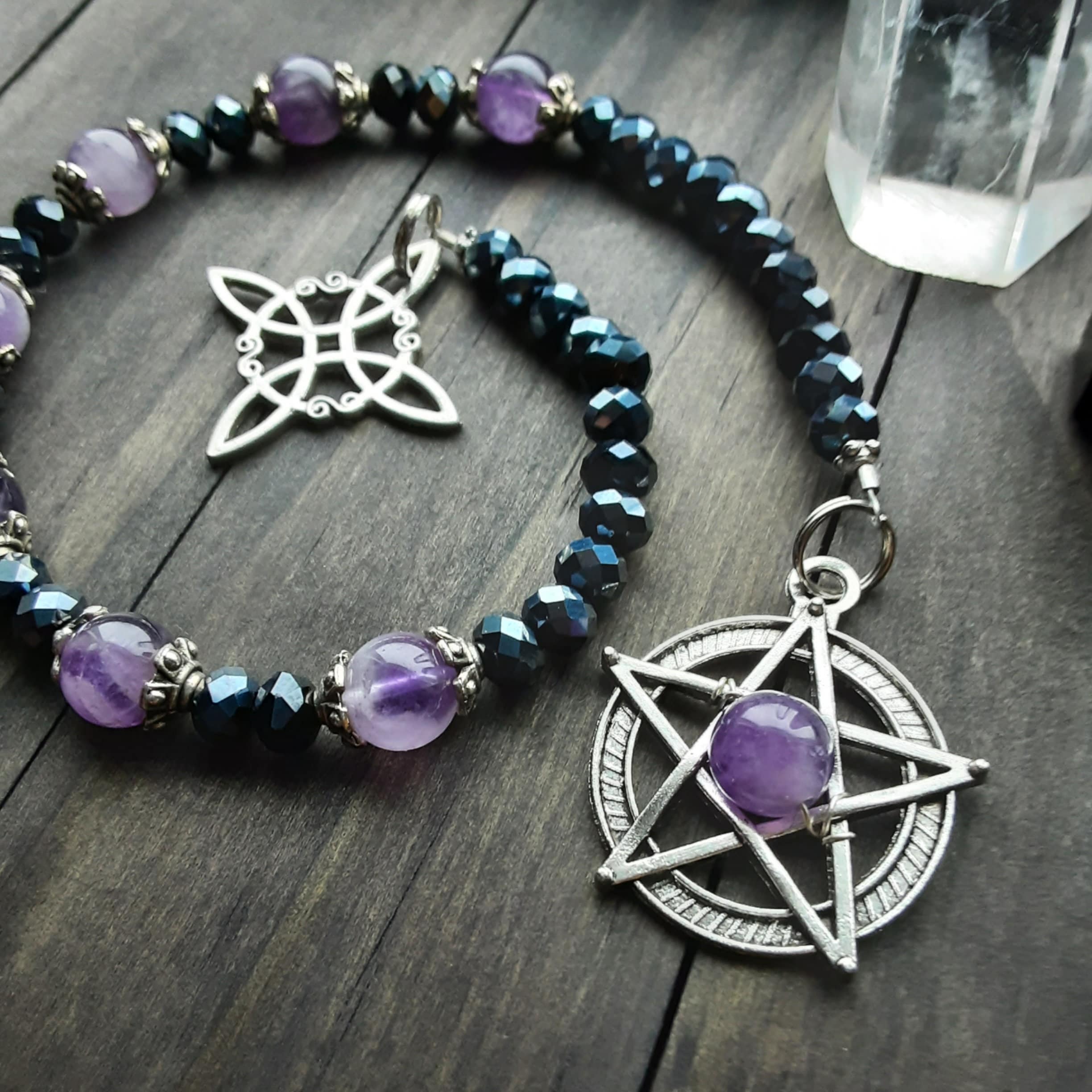 Pentacle Pagan Wiccan Charm Bracelet Chain Obsidian Prayer Bead Bracelet  Anklet