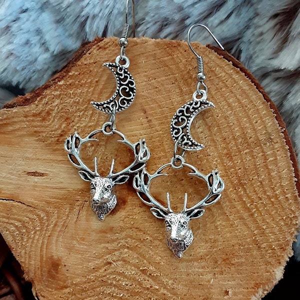 Stag earrings with crescent moons, Artemis earrings, Cernunnos earrings, Horned God, Pagan jewelry