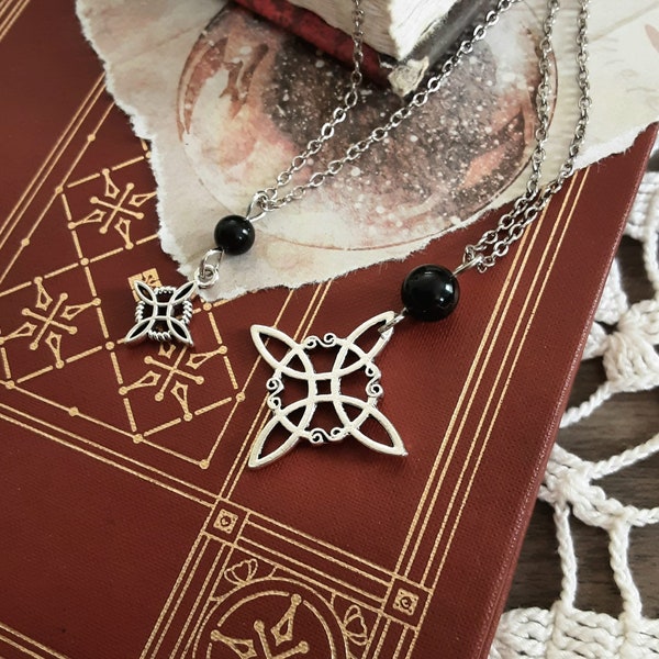 Witch Knot Obsidian Protection Amulet Necklace, Dispel Negativity, Pagan jewelry, Witchcraft pendant, Rhodium plated Alloy Metal