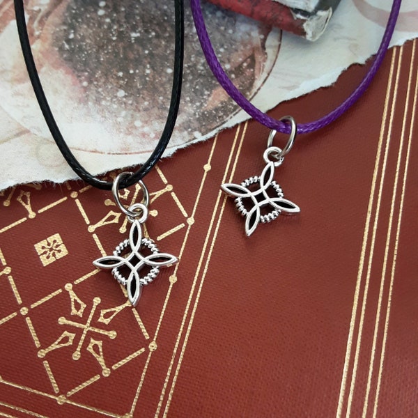 Witches Knot Protection Amulet Necklace Small dainty pendant,   Pagan Witch Accessory, Choose Black or Purple cord, Magic Jewelry Minimalist