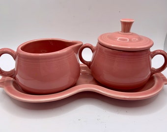 Vintage Fiesta Discontinued Pink/rose Creamer Sugar Set on Tray
