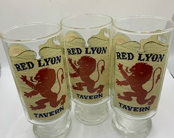 Vintage RARE “Red Lyon Tavern” high-ball MCM bar glasses 3 sided image