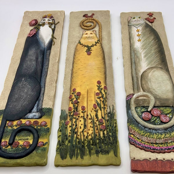 3 Vintage E. Smithson 3D Plaque | Folk Cat Art Tile | Wall Art Cat Panels Wall Decor