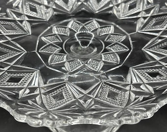 1920s Pressed Glass Cake Stand – 9" Ornate Pedestal Plateau Vintage Serving Display