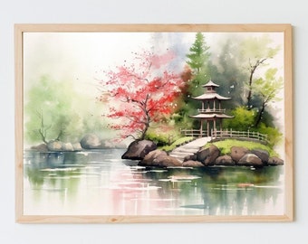 May include: Watercolor painting of a Japanese garden scene with a red-roofed pagoda on a small island in a lake. The trees are green and there are pink flowers in bloom. The painting is framed in a light wood frame.