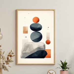May include: Abstract geometric wall art print with a stacked arrangement of blue and orange circles on a white background. The print is framed in a light wood frame and is hanging on a white wall above a wooden dresser and chair.