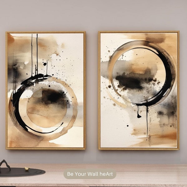 Set of 2 Modern Neutral Printable Wall Art | Zen Circle Print |Japanese Zen Wall Art | Watercolor  Posters | Wabi Sabi Abstract Prints