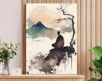 May include: Watercolor painting of a person sitting in meditation on a rock overlooking a mountain landscape with a red-leafed tree in the background. The painting has a soft, muted color palette and a peaceful, serene atmosphere.