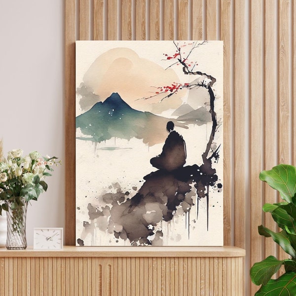Art mural zen imprimable, moine méditation, décoration murale, impression aquarelle, peinture japonaise, art mural neutre, décoration yoga, art jardin zen, art japonais