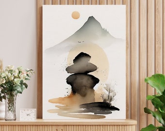 Op de afbeelding: Een aquarel schilderij van een berglandschap met een gestapelde rotsformatie op de voorgrond. Het schilderij is in tinten grijs, bruin en beige, met een gele zon op de achtergrond. De tekst "Be Your Wall heArt" staat onderaan het schilderij.