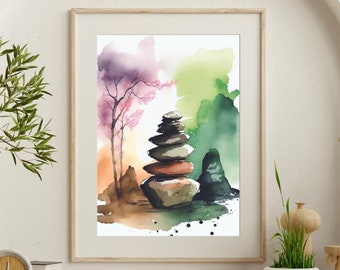 Zen Forest Stones Watercolor Art Print: Meditation Poster (Digital Download)