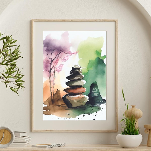 Zen Printable Wall Art,Zen Forest Stones,Digital Download,Wall Decor,Watercolor Zen Art,Inspirational Poster,Meditation Paintings,Spiritual