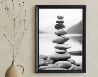Zen Balancing Stones Print: Black and White Meditation Art (Digital Download)