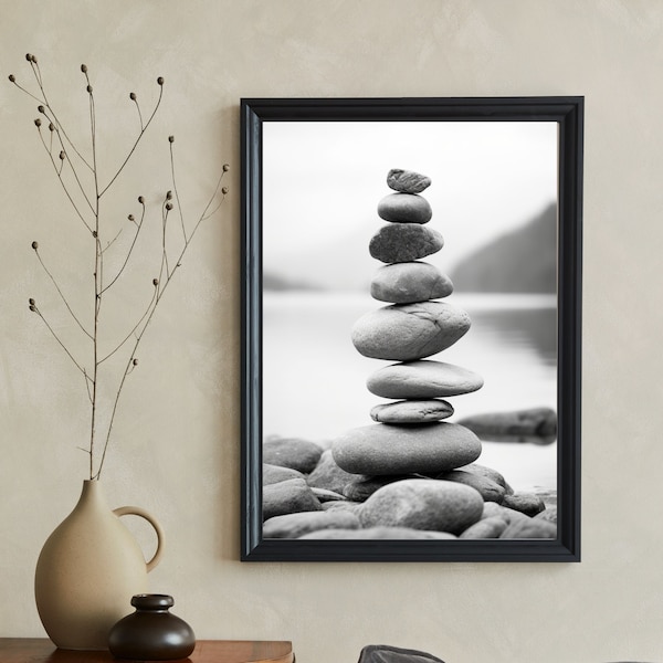 Zen Black White Balancing Stones | Zen Printable Wall Art | Zen Stones | Mindfulness Poster | Meditation | Digital Art