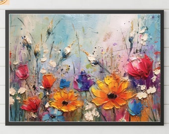 Getextureerde bloemenolieverfschilderij: gele abstracte bloemenkunst (afdrukbaar)
