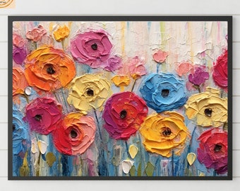 Getextureerde bloemenolieverfschilderij Art Print: abstracte bloem muurdecoratie (digitale download)