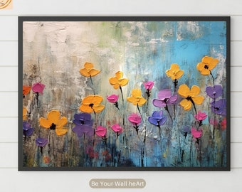 Bloemenolieverfschilderij met textuur: abstracte bloemmuurkunst (digitale download)