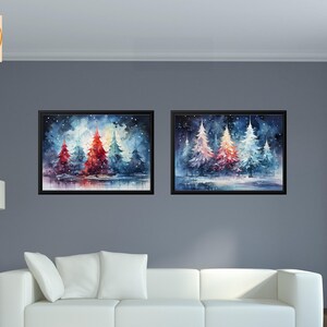 Conjunto de 2 árboles de acuarela / Arte mural de paisaje / Bosque nevado de invierno imprimible / Arte navideño de invierno / Arte digital
