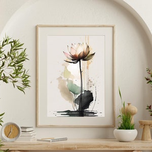 May include: A watercolor painting of a pink lotus flower with green leaves and brown stems. The flower is in the center of the image and is surrounded by a light brown background with splashes of green and black paint.