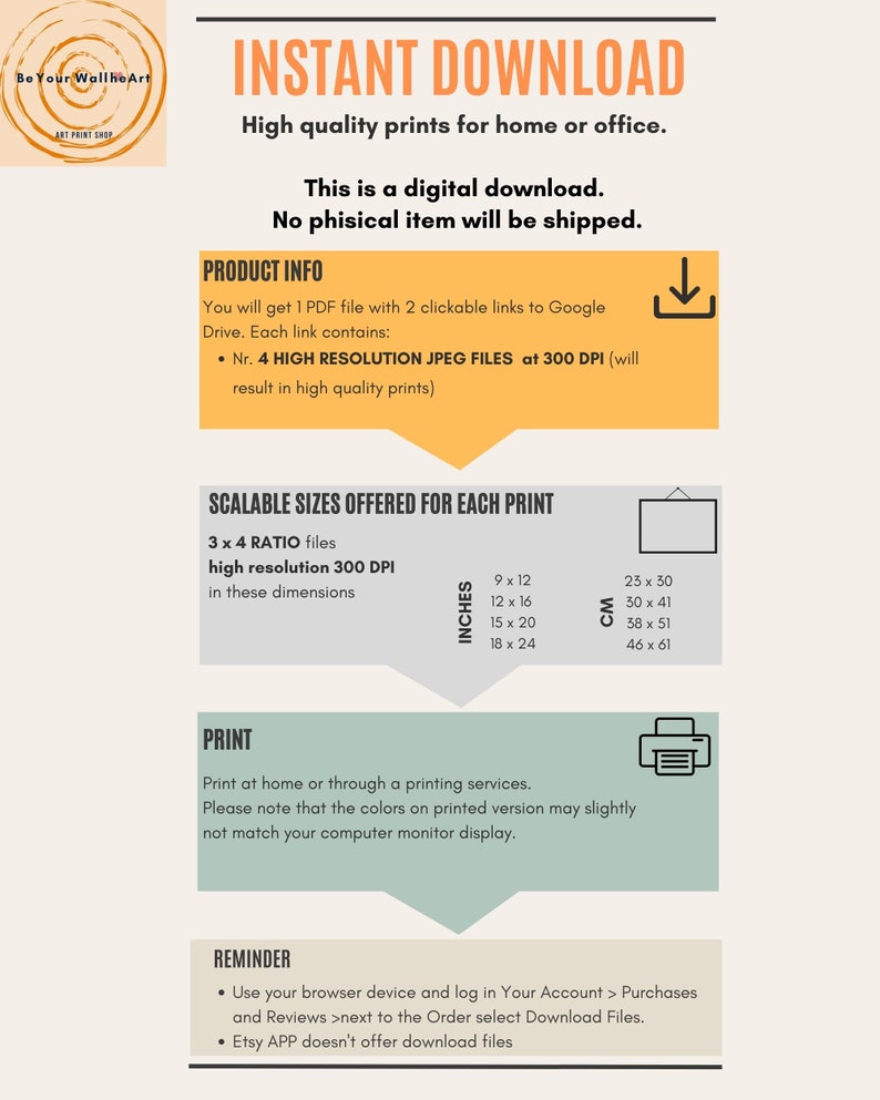 Puede incluir: Descarga instant&aacute;nea de archivos JPEG de alta resoluci&oacute;n para imprimir en casa o a trav&eacute;s de un servicio de impresi&oacute;n. La descarga digital incluye cuatro archivos en varios tama&ntilde;os: 9x12 pulgadas, 12x16 pulgadas, 15x20 pulgadas y 18x24 pulgadas. Los archivos son de 300 DPI y se pueden escalar a diferentes tama&ntilde;os. El texto en la imagen dice: "Descarga instant&aacute;nea, Impresiones de alta calidad para el hogar o la oficina. Esta es una descarga digital. No se enviar&aacute; ning&uacute;n art&iacute;culo f&iacute;sico."