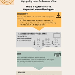 May include: Instant download graphic with text that says "Instant Download" and "High quality prints for home or office."  The graphic also includes text that says "This is a digital download. No physical item will be shipped."  The graphic also includes a table with information about the different sizes of prints available. The table includes the following information: Ratio, Inches, and CM.